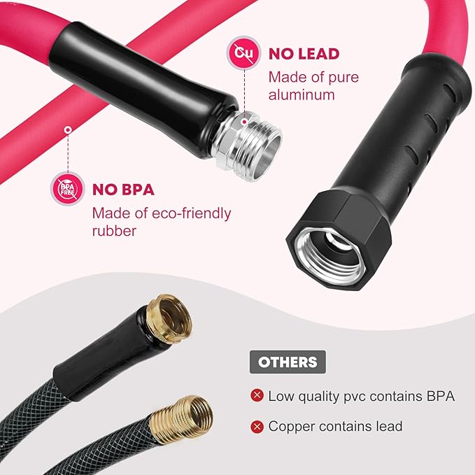 Kohree 50 FT RV Water Hose with Storage Bag, 5/8'' Premium Drinking Water Hose, Leak-free, No Odor, Anti-Kink and Flexible Garden Hose for RV, Camper, Truck, Car - Pink