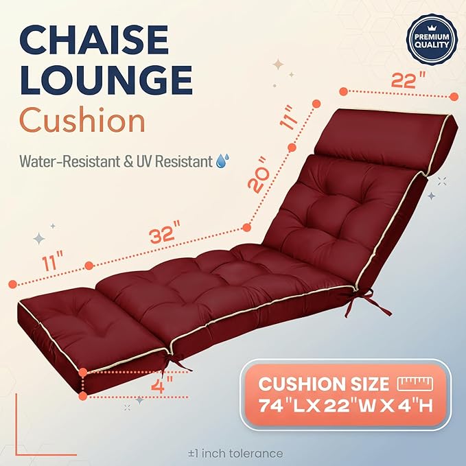 MAGIC ELEPHANT Chaise Lounge Cushion Outdoor, Memory Foam Patio Lounge Chair Cushion with Ties for Indoor Outdoor Furniture, Water-Repellent Replacement Long Chair Cushion (Burgundy)