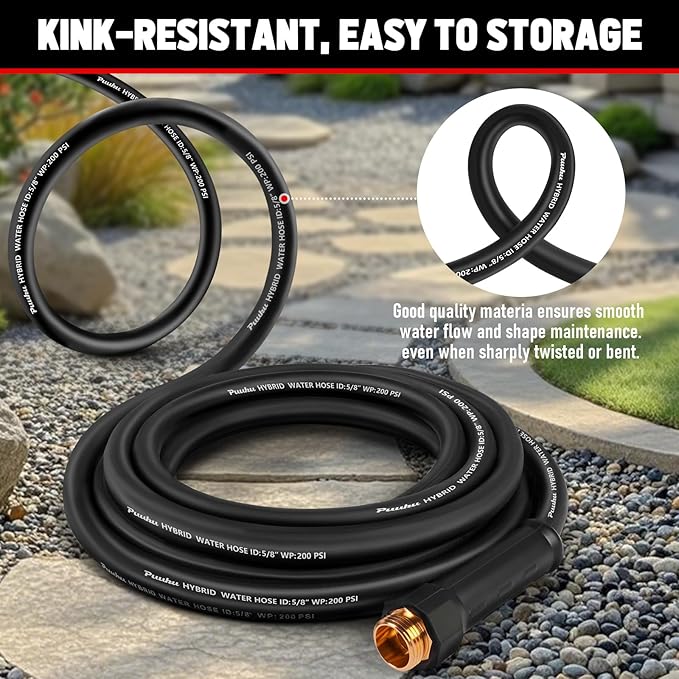 Garden Hose 75ft x 5/8", NON-EXPANDABLE Heavy Duty Premium Flexible Water Hose, No Kink, Leakproof, Lightweight Hybrid Hose with Male to Female Fittings for Household、Backyard