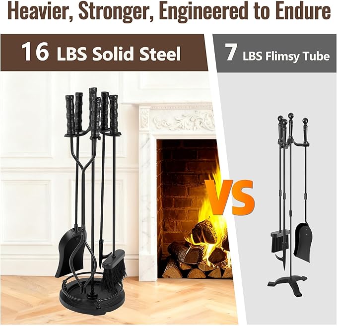 AMAGABELI Garden & Home 5 Pieces Fireplace Tools Sets Wrought Iron Indoor Fireplace Set with Poker Tongs Broom Shovel Stand Fire Tools Outdoor Fire Place Fire Pit Hearth Accessories Sets Black