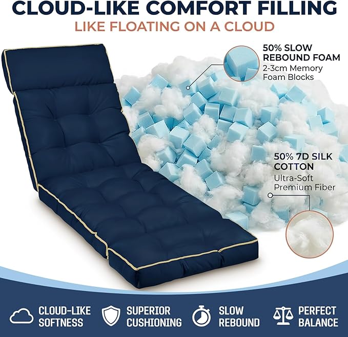 MAGIC ELEPHANT Chaise Lounge Cushion Outdoor, Memory Foam Replacement Patio Pool Lounge Chair Cushion with Ties for Outdoor Furniture, 74 x 22 x 4 Inch (Oxford Blue)