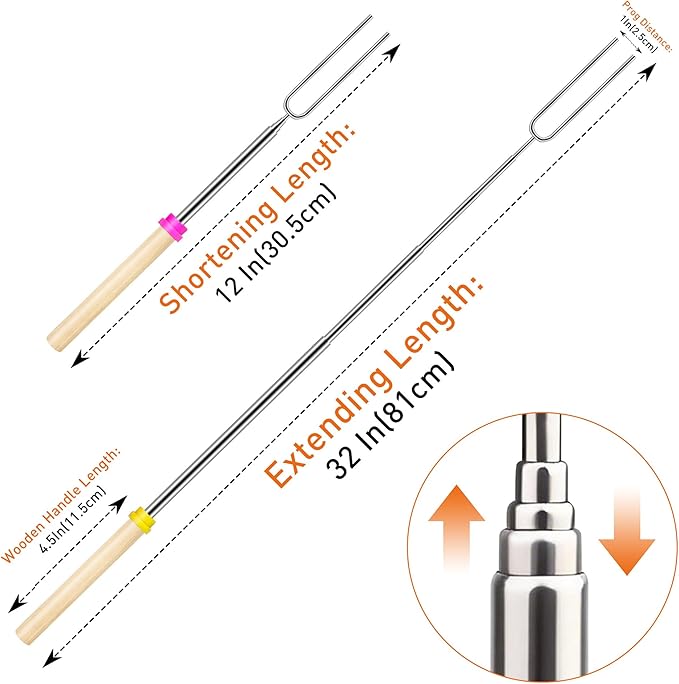 Smores Sticks for Fire Pit – Marshmallow Roasting Sticks & Hot Dog Roasting Sticks, Extendable Stainless Steel Smore Skewers for Campfire Cooking and Camping Essentials, 32 Inch (5-Pack)