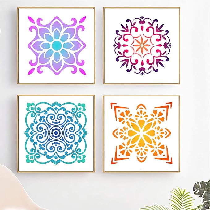 8 PCS Reusable Stencils, Mandala Templates for Painting on Fabric Furniture Wood Floor Wall Tile DIY Art Scrapbook Home Decoration, 5 x 5 Inch