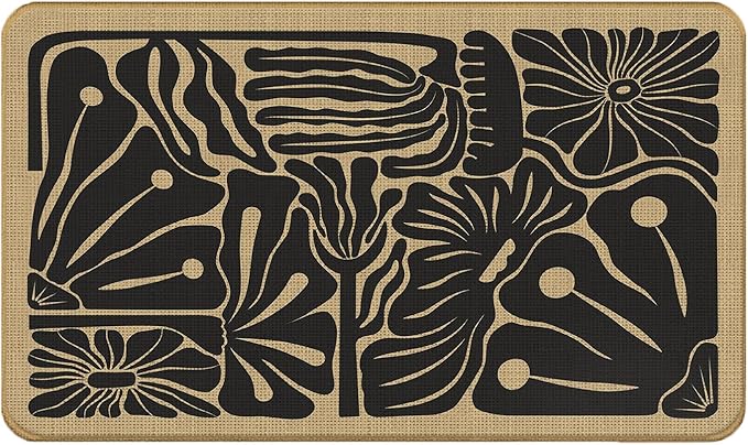 Boho Beige and Black Floral Door Mat - Bohemian Neutral Floral Front Door Welcome Mats Outdoor Entrance, 17x30 Rug