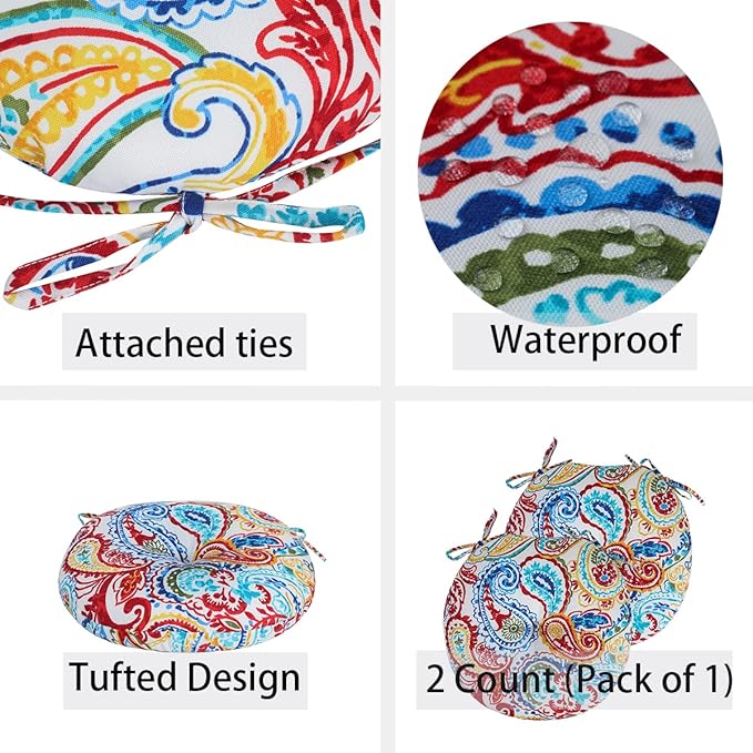 FUNHOME Bistro Chair Cushions 15 inch,Set of 2,Tufted Round Chair Cushions with Ties,15"x15"x4",Water Resistant Round Seat Cushion for Barstool Chairs,Patio Garden Kitchen Outdoor Furniture(Phoenix)