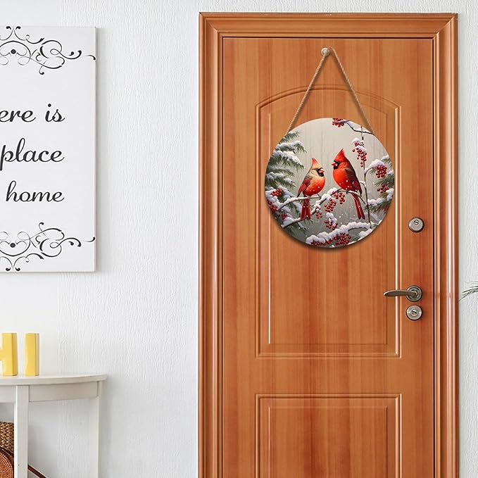 Winter Red Cardinal Bird Door Sign For Front Door Decor,Holly Berry Branches Snow Wooden Sign 12"x 12" Round Wood Hanging Door Sign Winter Decoration for Wall Rustic Decor