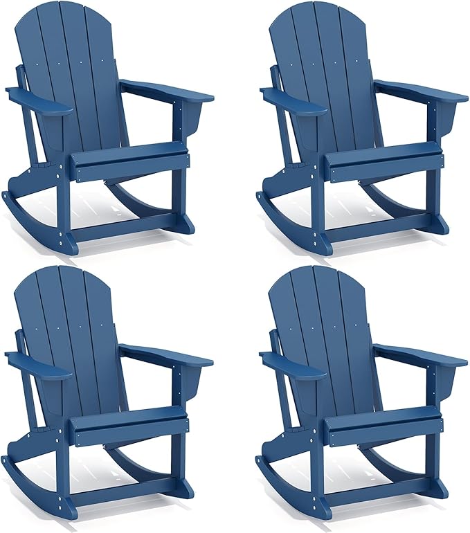 GREENVINES Adirondack-Rocking-Chairs | Set of 4 | HDPE Plastic | Porch Rocker Chair | for Outdoor Patio Deck | Weatherproof | Blue