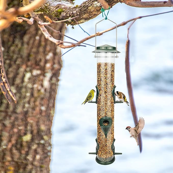 Metal Bird Feeder Tube Hanging Wild Bird Seed Feeder Aluminum Six Port Bird Feeders,1.4 mm Extra Thick Solid Tube Transparent with Steel Hanger Great for Attracting Birds