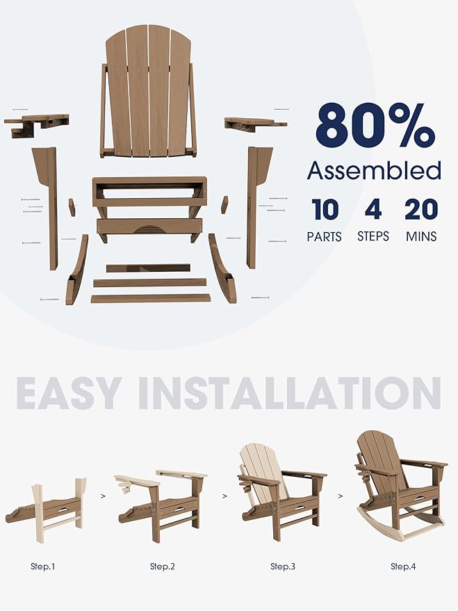 KINGYES Adirondack Rocking Chair Set of 4 with Retractable Ottoman and Cup Holders, HDPE Adirondack Rocker Patio Rocking Chair for Porch, Patio, Balcony, Brown