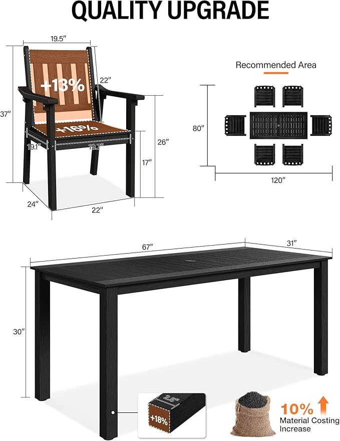 YEFU Outdoor Dining Table for 6: All Weather Rectangular Patio Table with Umbrella Hole and Aluminum Frame - Outdoor Furniture for Outside Backyard/Garden/Pool/Porch/Deck 300lbs Capacity Black