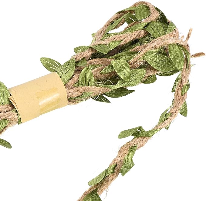 PATIKIL 6.6ft 5mm Burlap Leaf Ribbon, 2 Pack Braided Decoration Vine Natural Jute Rope Twine with Artificial Leaves for Jungle Wedding Party Home Garden Decor, Green