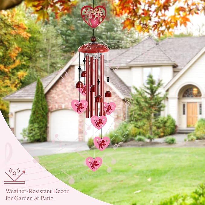 Love Heart Wind Chimes Outdoor,Romantic Metal Wind Chime for Couples – Valentine’s Day Anniversary Wedding Gift for Wife & Husband, Cupid & Couple Garden Porch Decor (Red)