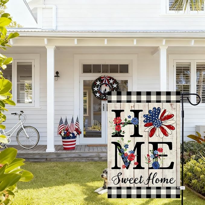 ORTIGIA 4th of July Patrioctic Garden Flag Burlap Vertical Double Sided Independence Day Memorial Day Home Sweet Home Sunflower Small Flag Home Yard Outside Outdoor Decor 12.5x18 Inch