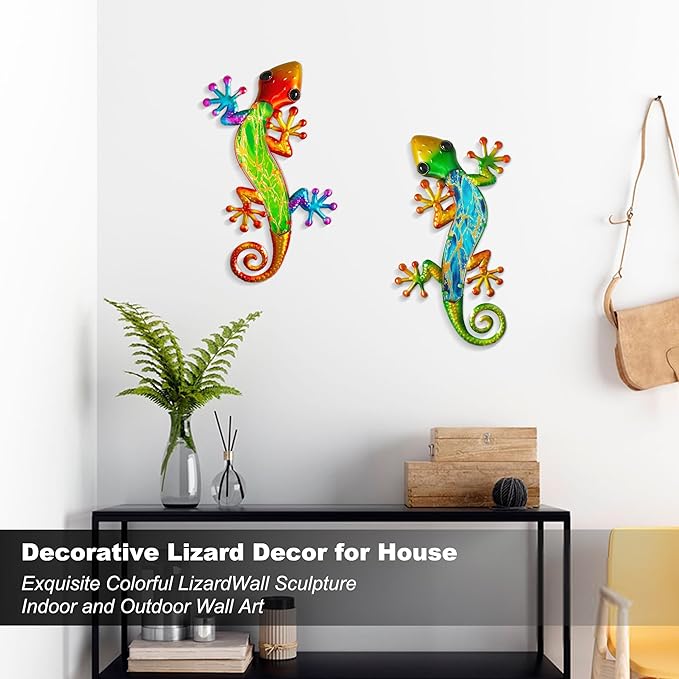 POXOHO Metal Lizard Wall Art Decor - 15 Inch Gecko Outdoor Decor Hanging Glass Sculpture Decoration for Patio Garden Fence(2 Pack) is an ideal Gift for a Father, Mother, and Grandmother