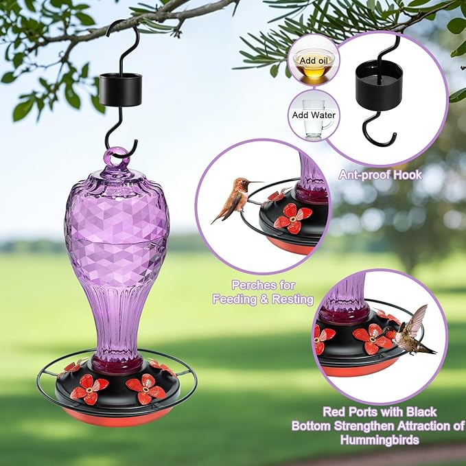 20 OZ Glass Hummingbird Feeders for Outdoors Hanging - Hand-Blown Vibrant Purple Reflective Fish-Scale Design - Attracts More Hummingbirds - Leak-Proof Silicone Seal & Ant Moat, Gift for Mom