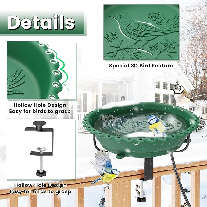 Heated Bird Bath for Outdoors, Upgraded 100W Thermostatically Controlled Heated Bird Baths for Deck Railing Large Capacity Heated Birdbath for Outside Winter Garden Yard Patio Lawn (Green)