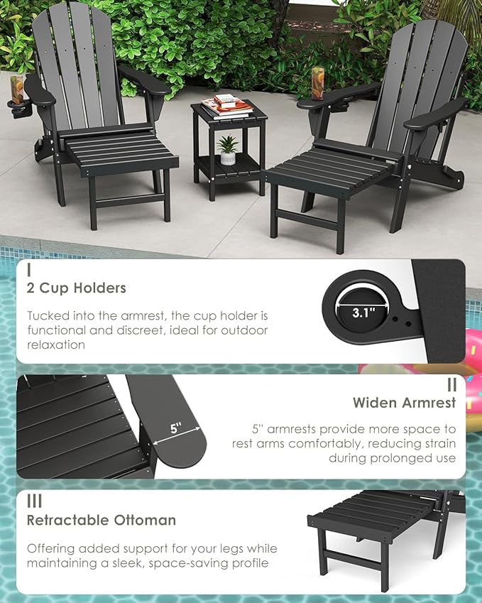 GREENVINES Adjustable Adirondack Chair with Retractable Ottoman Set of 2 | Folding | HDPE Plastic | Fire Pit Chairs w/Foot Rest | 2 Cup Holders | Black | for Outdoor Patio Poolside Deck