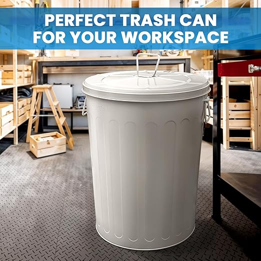 Plexon Galvanized Steel Round Trash Can with Lid Powder Coated Metal - 20 Gallon, Beige