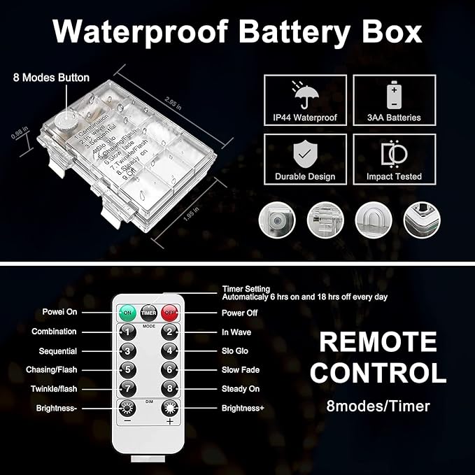 JMEXSUSS 2 Pack Christmas Lights Battery Operated Rope Lights Warm White - Outdoor Waterproof, 200LED 66ft 8 Modes Battery Powered String Light with Remote for Tree Garden Christmas Decorations