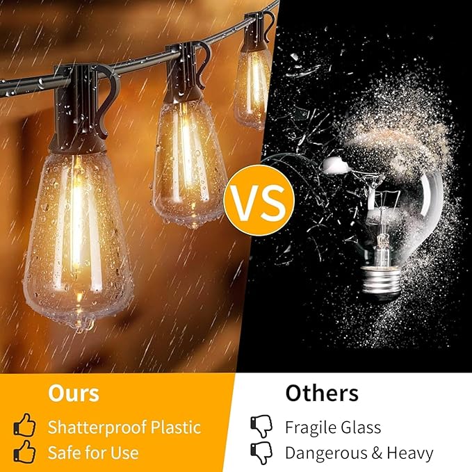 Outdoor String Lights with ST38 Clear Globe Bulbs, Black Cord, Waterproof LED Edison Filament Decorative Lighting for Patio, Garden, Backyard (ST38 Bulbs, 25FT)