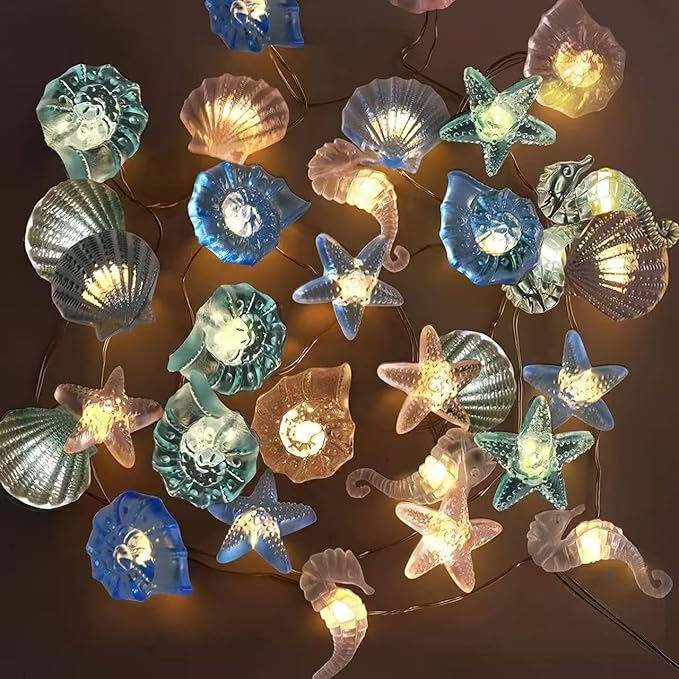 Ocean Decor String Lights Nautical Theme Seashell Seahorse Conch 6.5 ft 20 LED Battery Operated String Lights for Holiday Camping Wedding Christmas Tree Decor (Shell Stars, 6.5FT)