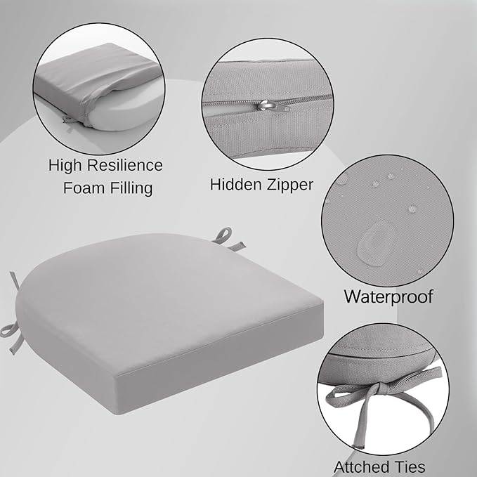 idee-home Outdoor Chair Cushions Set of 4, Thick 17" x 17" x 3" Outdoor Seat Cushion Patio Furniture Waterproof with Ties, Patio Chair Pads Dining Silver Grey