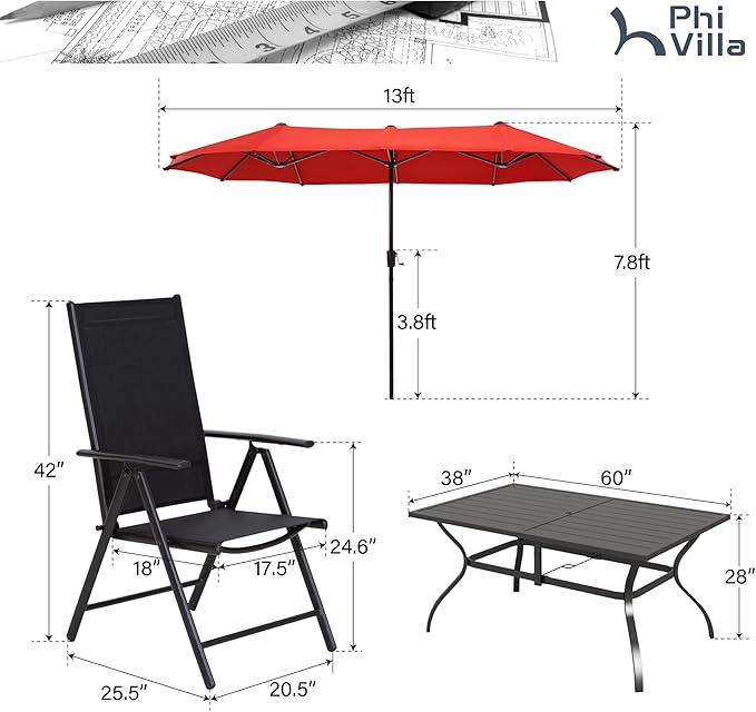 PHI VILLA 7 Pcs Patio Dining Set with Umbrella, Outdoor Dining Set with Table and Chairs, Adjustable Folding Chairs for Garden