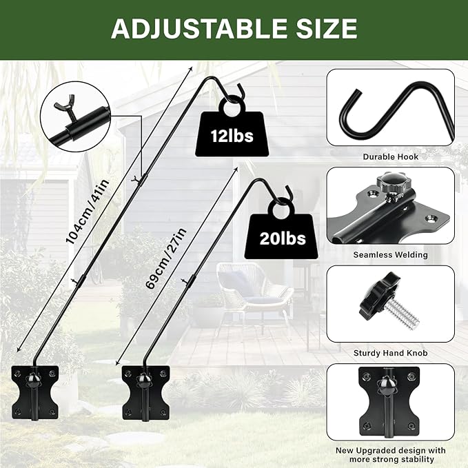 DAEHUI Deck Bird Feeder Hanger with 3in Clamp for Railing 41 Inch Bird Feeder Pole 360 Degree Swivel Plant Hooks for Hanging Baskets Wind Chime Lantern (1 Pack Wall Mounted Hook)