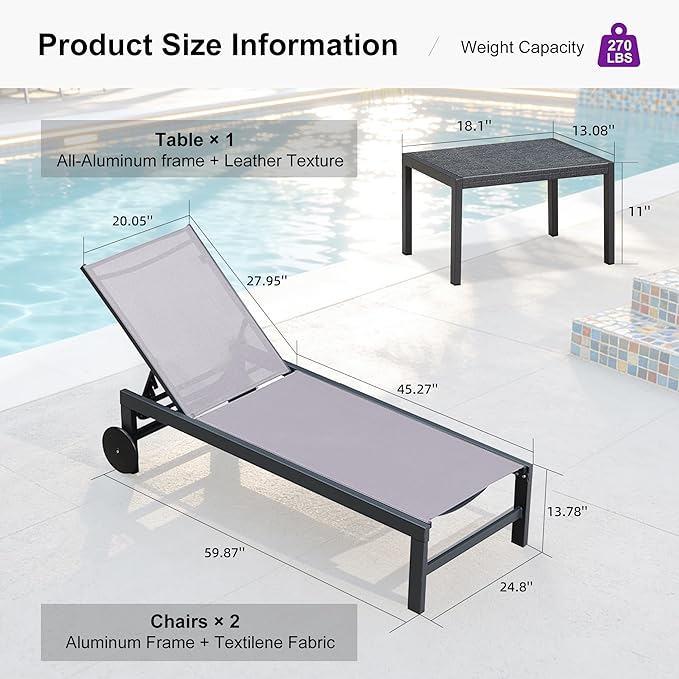 PURPLE LEAF Outdoor Chaise Lounge with Wheels for Outside 2 Pieces Aluminum Patio Lounge Chair with 5 Adjustable Position for Outdoor Beach Yard Pool Side Table Included Light Grey