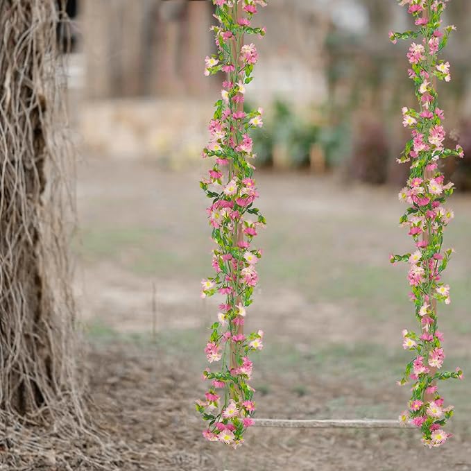 CISDUEO Artificial Daisy Flowers Vine Silk Wildflower Garland Spring Fake Flower Vine Hanging Ivy Pink Daisy Flowers Plastic Green Leaves for Mantle Wall Party Wedding Arch Floral Decor Indoor Outdoor