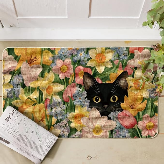 Artoid Mode Black Cat Floral Flowers Spring Doormat,Home Decor Door Mat Low-Profile Switch Rug Floor Mat for Indoor Outdoor 17x29 Inch