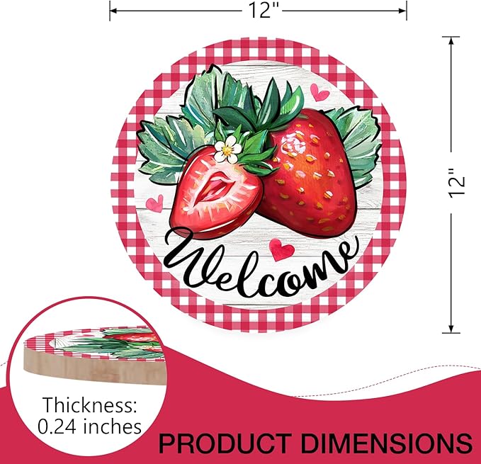 Deroro Welcome Spring Summer Strawberry Front Door Sign, Red Fruit Plaid Check Wood Door Hanger Outdoor Outside Porch Decor, Farmhouse Rustic Wooden Wreath Indoor Wall Hanging Decoration