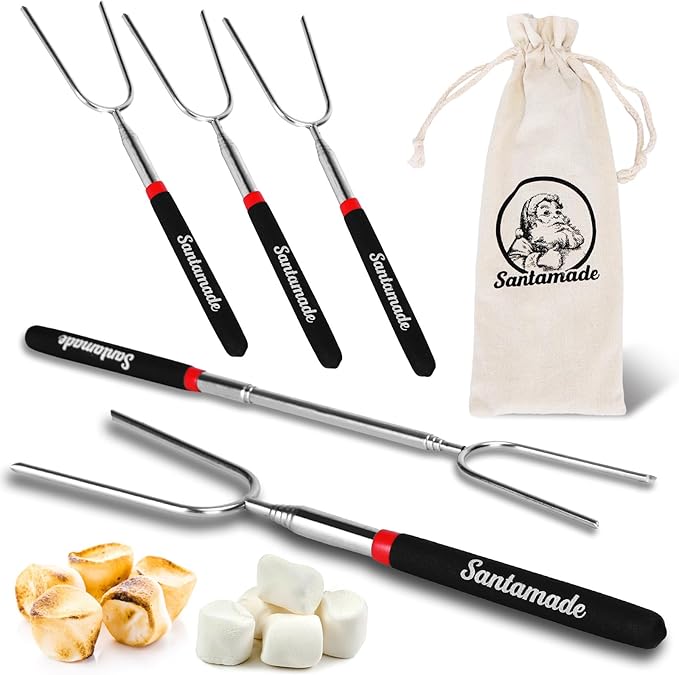 Marshmallow Roasting Sticks Set of 5 -Telescoping Long Smores Sticks for Fire Pit, Hot Dog Sticks for Campfire Grill Bonfire Party Supplies -With Santa Storage Sack