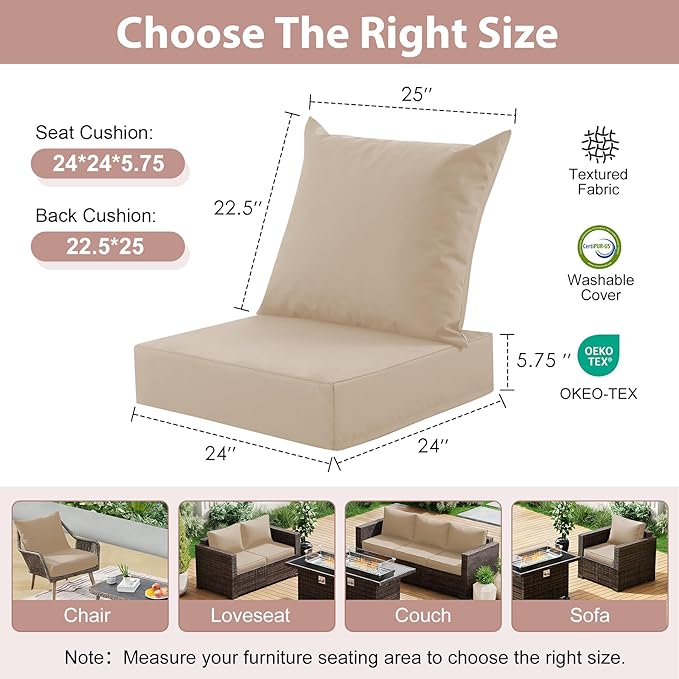 Outdoor Deep Seat Cushion Set, 24x24 Inch Water-Resistant & Fade-Resistant Outdoor Chair Cushions, Patio Furniture Cushions with Removable Cover for Patio Chair, Sofa, Beige (Set of 6)