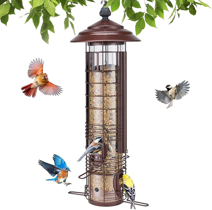 Kingsyard Squirrel Proof Bird Feeder for Outside Hanging, Weight-Activated All-Metal Wild Bird Feeders for Cardinal Finch, Detachable Base Easy to Clean, 3 LBS Capacity,Bronze