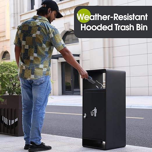 Commercial Outdoor Trash Can with Lid,Rust-Resistant Waterproof Windproof Garbage Can with Removable Inner Barrel, Lockable Stainless Steel Trash Bin for Patio Hotel Park Garden(Black)