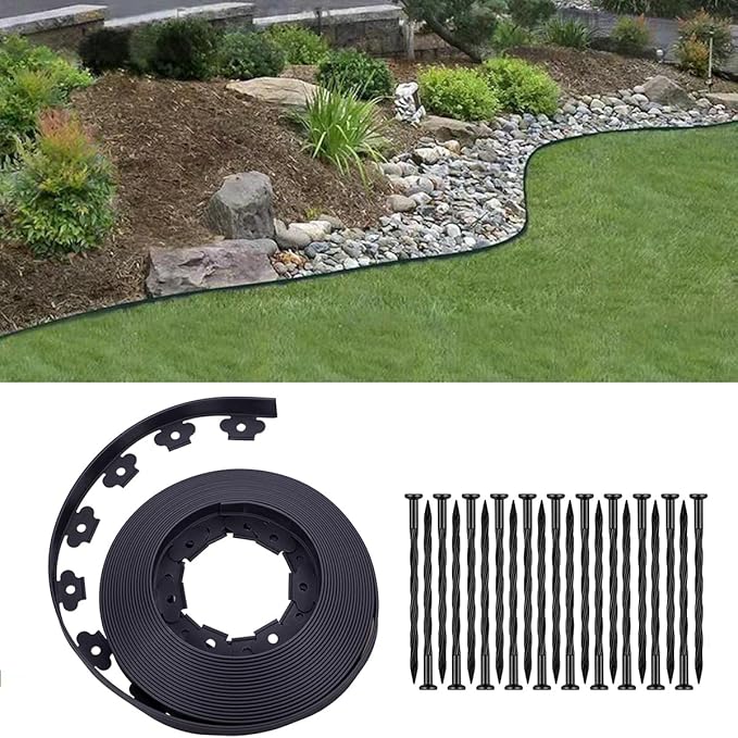 Garden edging，200FT Landscape edging with 300 spikes for lawn 1.5 Inch Tall(Black, 40FT)