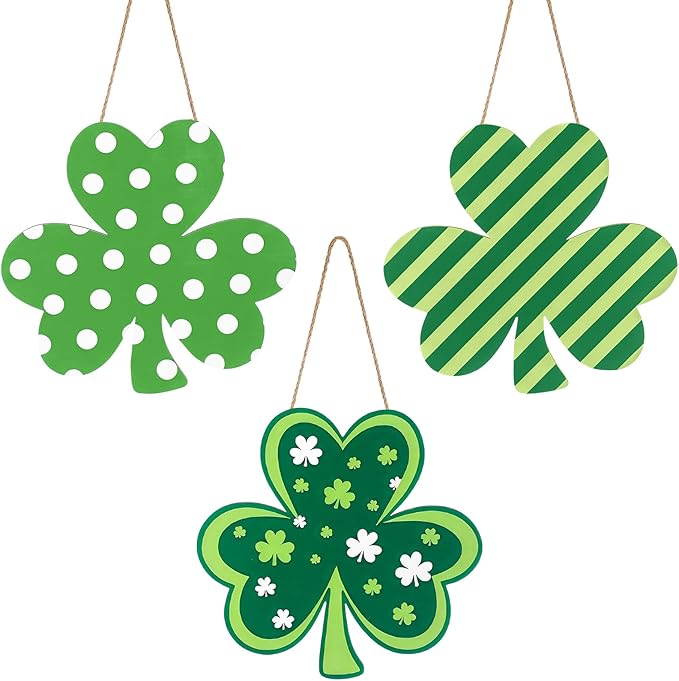 BreezeHug 3 Pcs St. Patrick's Day Door Sign, Shamrock Wooden Door Wreath for Front Doors Irish Shamrock Hanging Decoration Lucky Ornament Spring Wood Clover for Wall Home Outdoor Holiday Party Decor