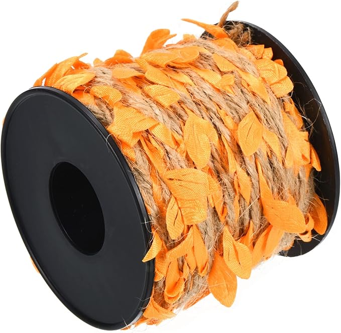 PATIKIL 33ft 5mm Burlap Leaf Ribbon, Braided Decoration Vine Natural Jute Rope Twine with Artificial Leaves for Jungle Wedding Party Home Garden Decor, Orange