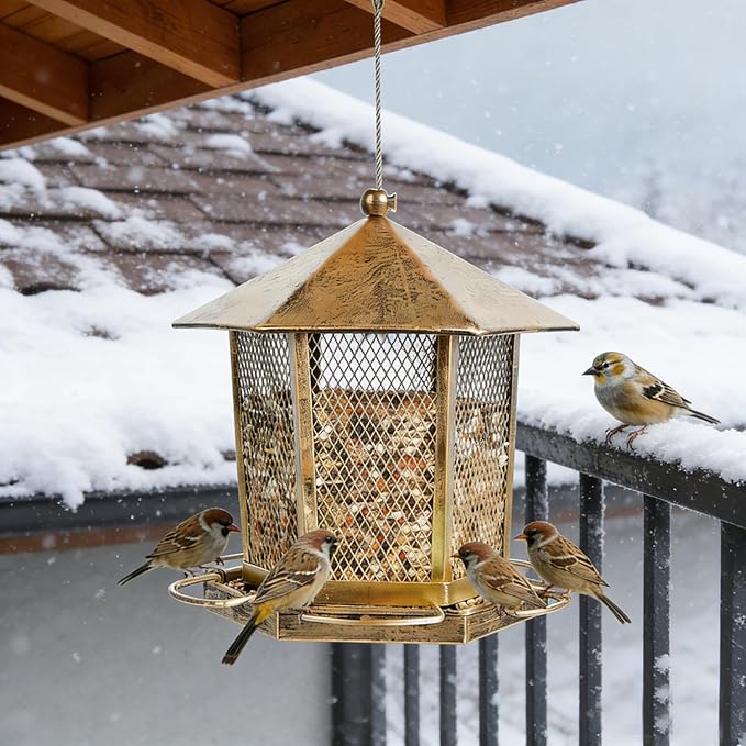 Wild Birds Feeder, Finch Bird Feeder for Outdoors, Metal Hexagonal Gazebo Birdfeeder for Garden Patio Outside Hanging