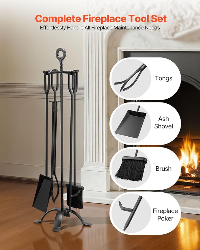VEVOR Fireplace Tool Set, 5 PCS Fire Tool Set and Holder with Four-Prong Stand, Tongs, Ash Shovel, Brush, Fire Place Poker, Wrought Iron Fireplace Accessories for Campfire Indoor/Outdoor, Black