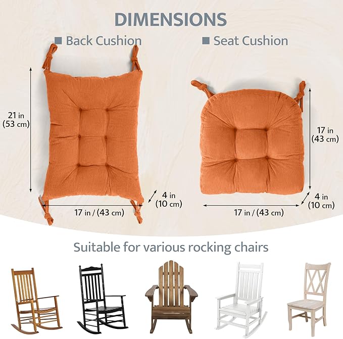 mudilun Rocking Chair Cushion Set - Non-Slip Tufted Rocking Chair Cushions with Ties Soft Indoor/Outdoor Wooden Rocking Chair Seat Pad for Porch Garden Cafe & Nursing