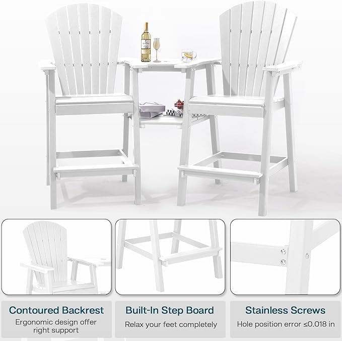 Tall Adirondack Chairs Set of 2, HDPE Balcony Chair with Double Connecting Tray, Weather Resistant Outdoor Adirondack Bar Stools for Patio, Deck, Patio, Backyard, Balcony.(White)