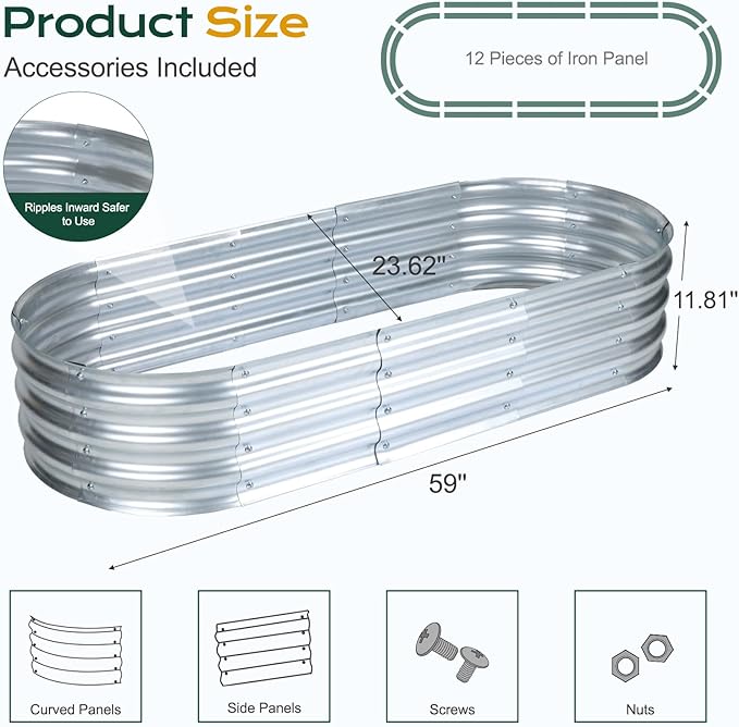 Aoodor Galvanized Raised Garden Bed Kit, 5 x 2 x 1 Ft, Oval Planter Box for Vegetables, Flowers, and Herbs, Outdoor Use, Silver