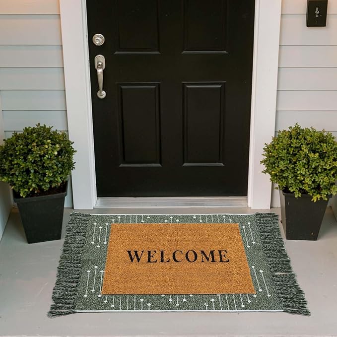 LIVEBOX Boho Green Bathroom Rug, Woven Bath Mat with Tassel Washable Cotton Blend Small Area Rug for Kitchen, Front Door(2'x3')