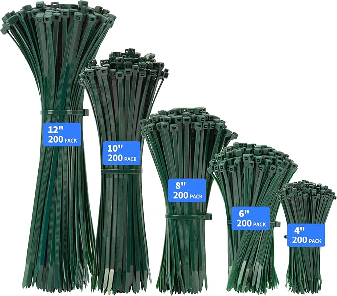 Garden Green Cable Zip Ties Heavy Duty Assorted Sizes, 1000 PCS Self-Locking 4+6+8+10+12 Inch 50LBS Nylon Cable Ties, Perfect for Home, Office, Garden and Workshop
