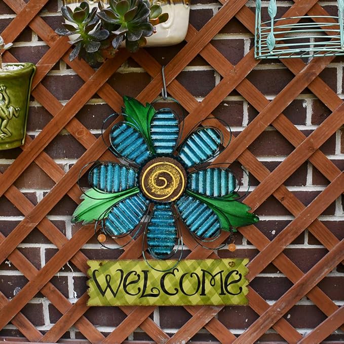 Welcome Sign for Front Door Decor Hanging Sign, Metal Flower Welcome Door Sign Wall Art Decor Hanging for Indoor Outdoor Patio Garden Yard Sign Porch Decoration 15.75X12.75In (3 Set)