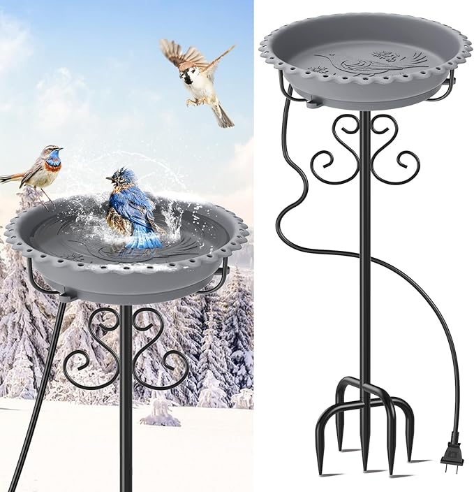 Heated Bird Baths for Outdoors,Upgraded 100W Thermostat Control Heated BirdBaths for Winter with Metal 5 Prong Base Heated Bird Bath for Outside Winter Garden Yard Patio Lawn (Grey)