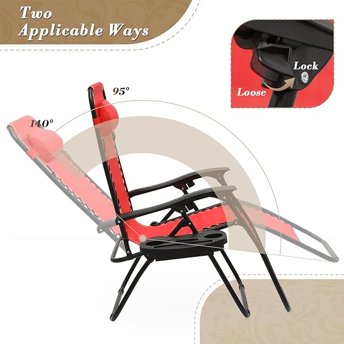 AthAthena Collection Zero Gravity Chair, Outdoor Lounge Chair with Adjustable Pillow and Cup Holder, Reclining Camping Chair for Outside Beach Lawn Garden Patio Poolside - Red