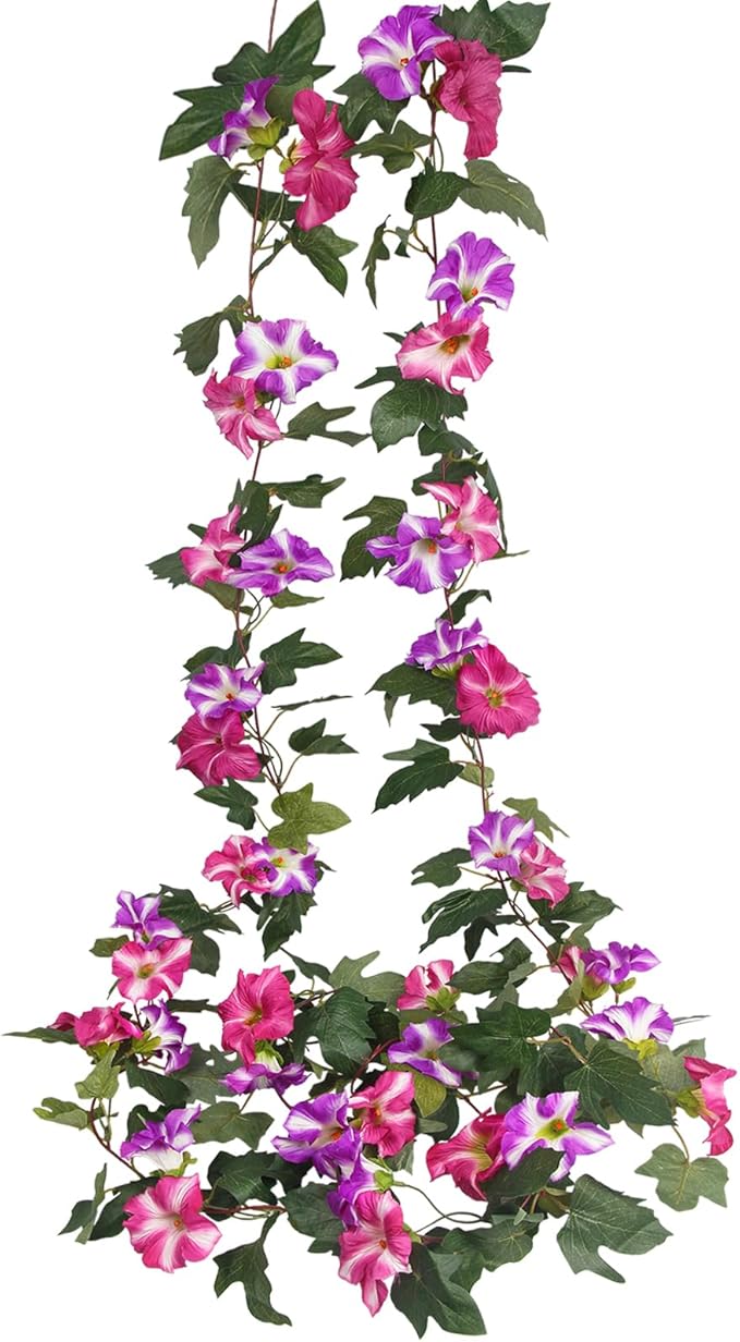 CISDUEO 2 Pcs Artificial Vines for Outdoors Silk Morning Glory Garland 11.5 Ft Hanging Flowers Plants Fake Petunias Vines for Indoor Home Decor Wall Fence Mantle Stairway Mailbox Rose Red and Fuchsia